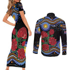 Australia New South Wales Waratahs Couples Matching Short Sleeve Bodycon Dress and Long Sleeve Button Shirt Aboriginal Dot Art