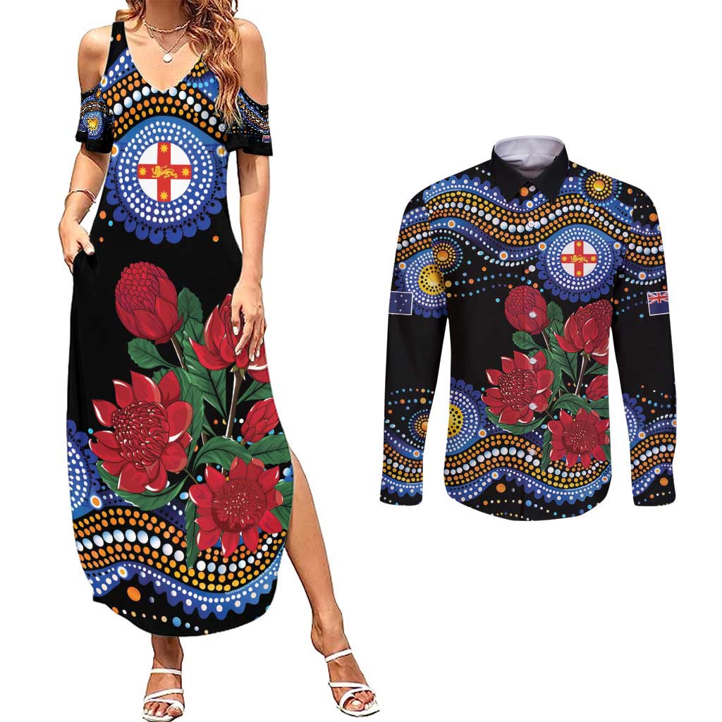 Australia New South Wales Waratahs Couples Matching Summer Maxi Dress and Long Sleeve Button Shirt Aboriginal Dot Art