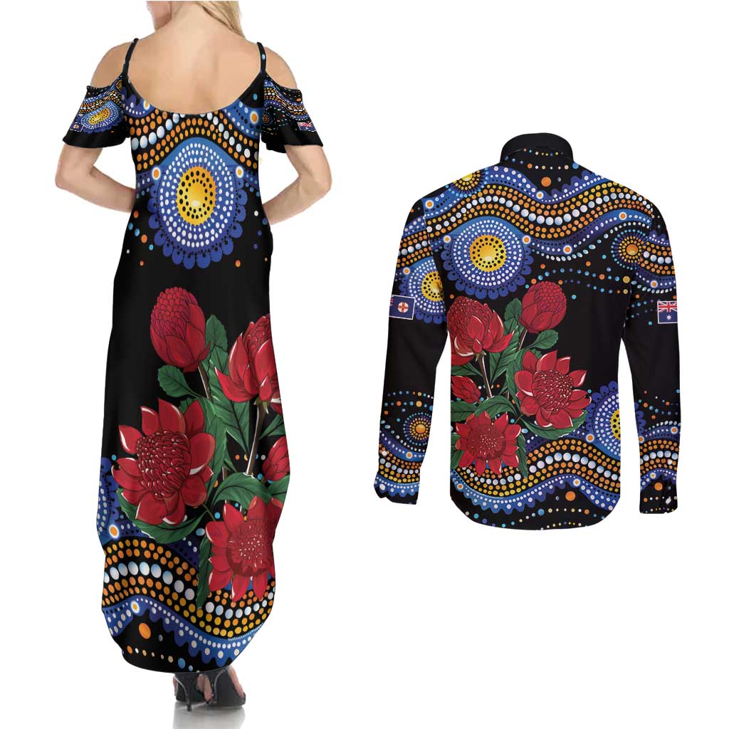 Australia New South Wales Waratahs Couples Matching Summer Maxi Dress and Long Sleeve Button Shirt Aboriginal Dot Art