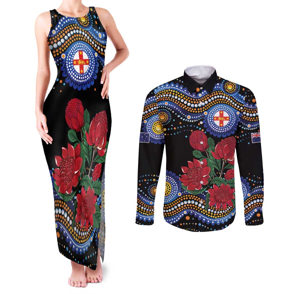 Australia New South Wales Waratahs Couples Matching Tank Maxi Dress and Long Sleeve Button Shirt Aboriginal Dot Art