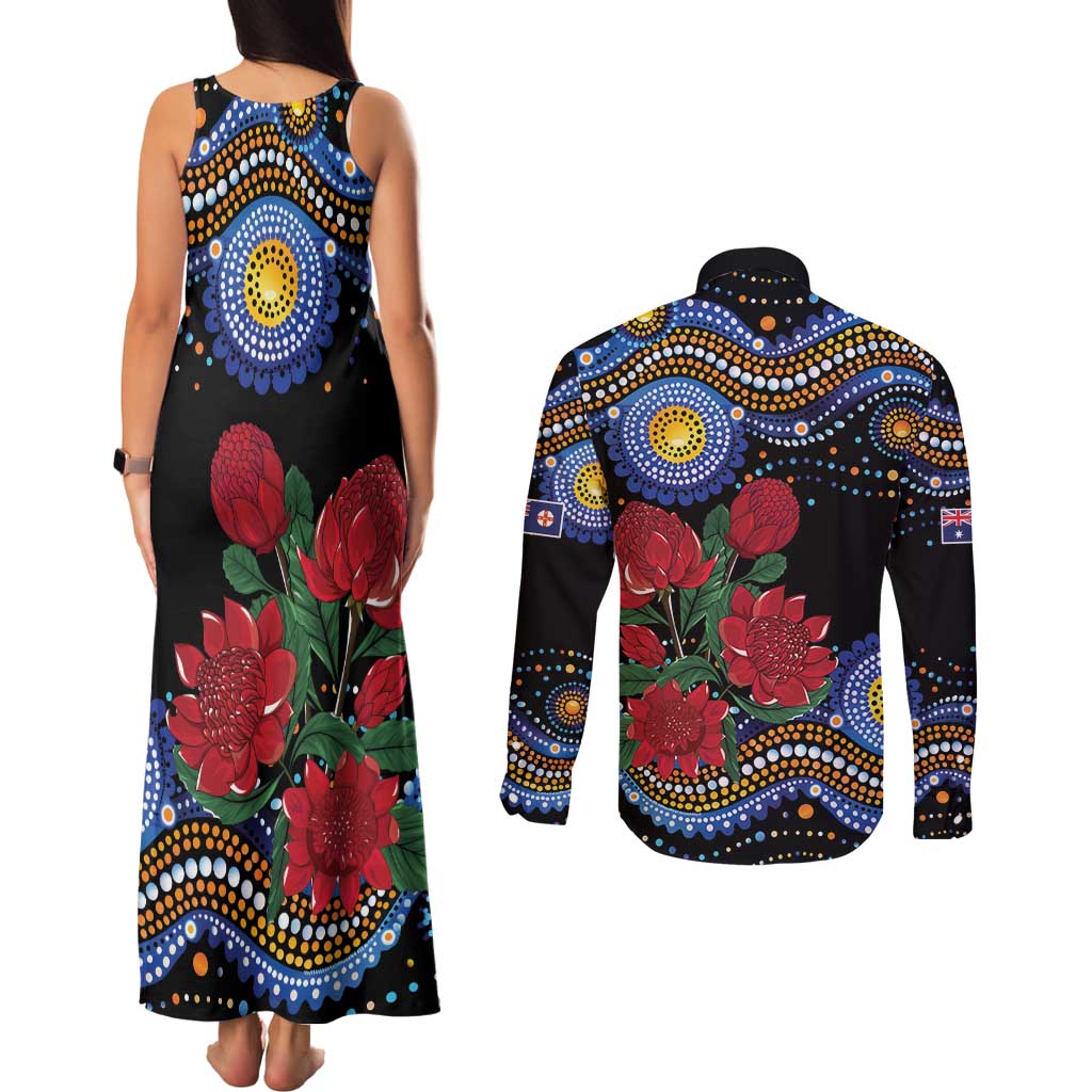Australia New South Wales Waratahs Couples Matching Tank Maxi Dress and Long Sleeve Button Shirt Aboriginal Dot Art