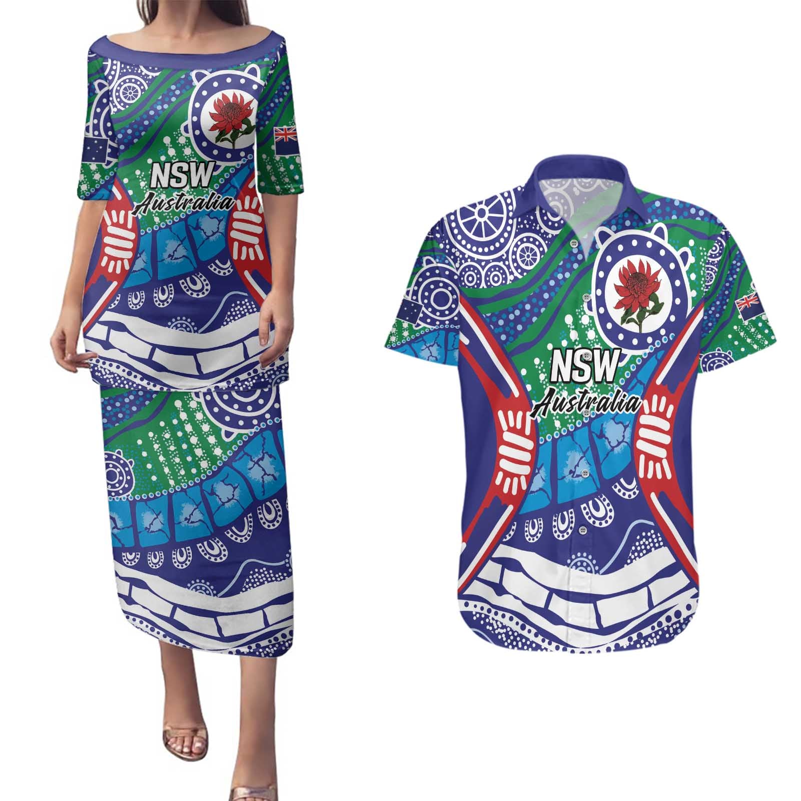 Australia New South Wales Couples Matching Puletasi and Hawaiian Shirt NSW Orta Recens Quam Pura Nites