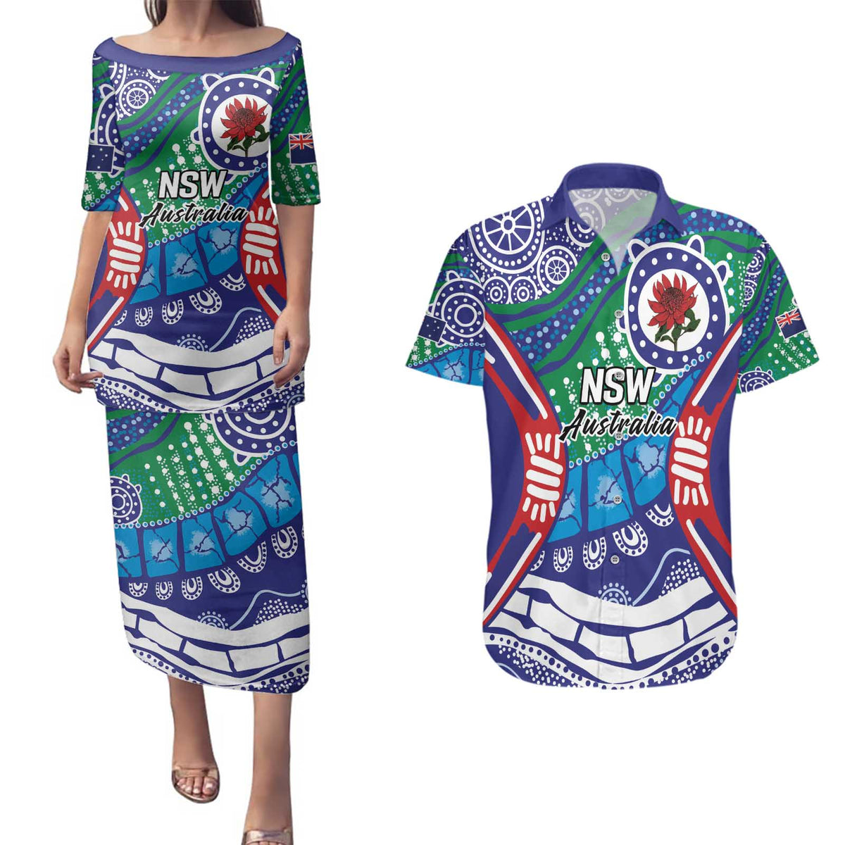 Australia New South Wales Couples Matching Puletasi and Hawaiian Shirt NSW Orta Recens Quam Pura Nites