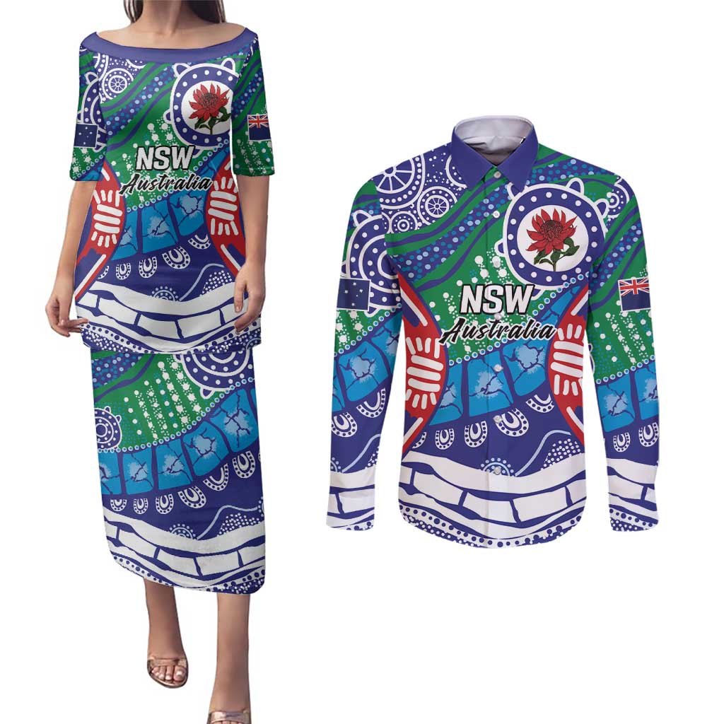 Australia New South Wales Couples Matching Puletasi and Long Sleeve Button Shirt NSW Orta Recens Quam Pura Nites