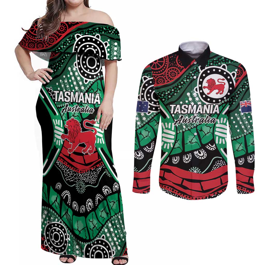 Australia Tasmania State Couples Matching Off Shoulder Maxi Dress and Long Sleeve Button Shirt Ubertas et Fidelitas