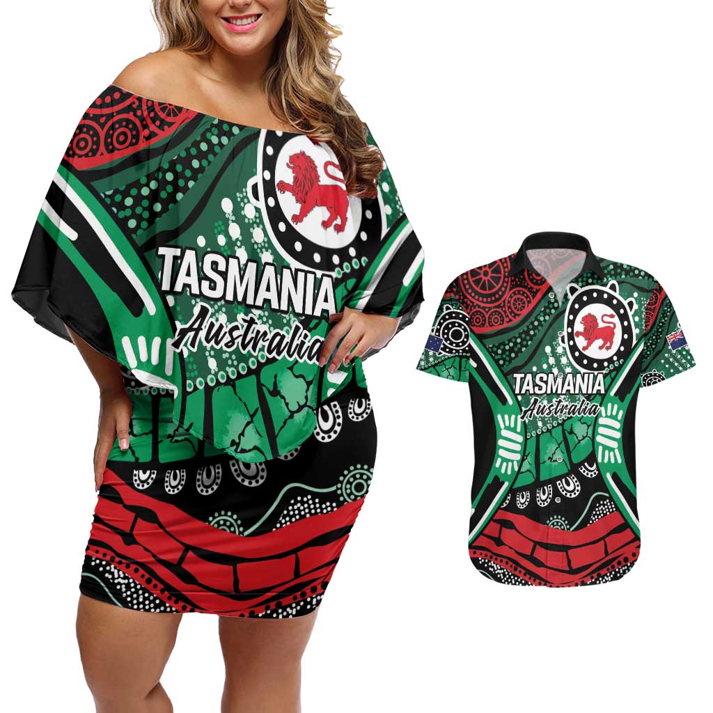 Australia Tasmania State Couples Matching Off Shoulder Short Dress and Hawaiian Shirt Ubertas et Fidelitas