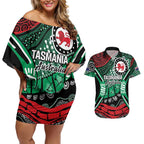 Australia Tasmania State Couples Matching Off Shoulder Short Dress and Hawaiian Shirt Ubertas et Fidelitas