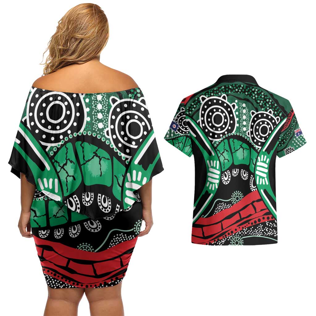 Australia Tasmania State Couples Matching Off Shoulder Short Dress and Hawaiian Shirt Ubertas et Fidelitas