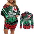Australia Tasmania State Couples Matching Off Shoulder Short Dress and Long Sleeve Button Shirt Ubertas et Fidelitas
