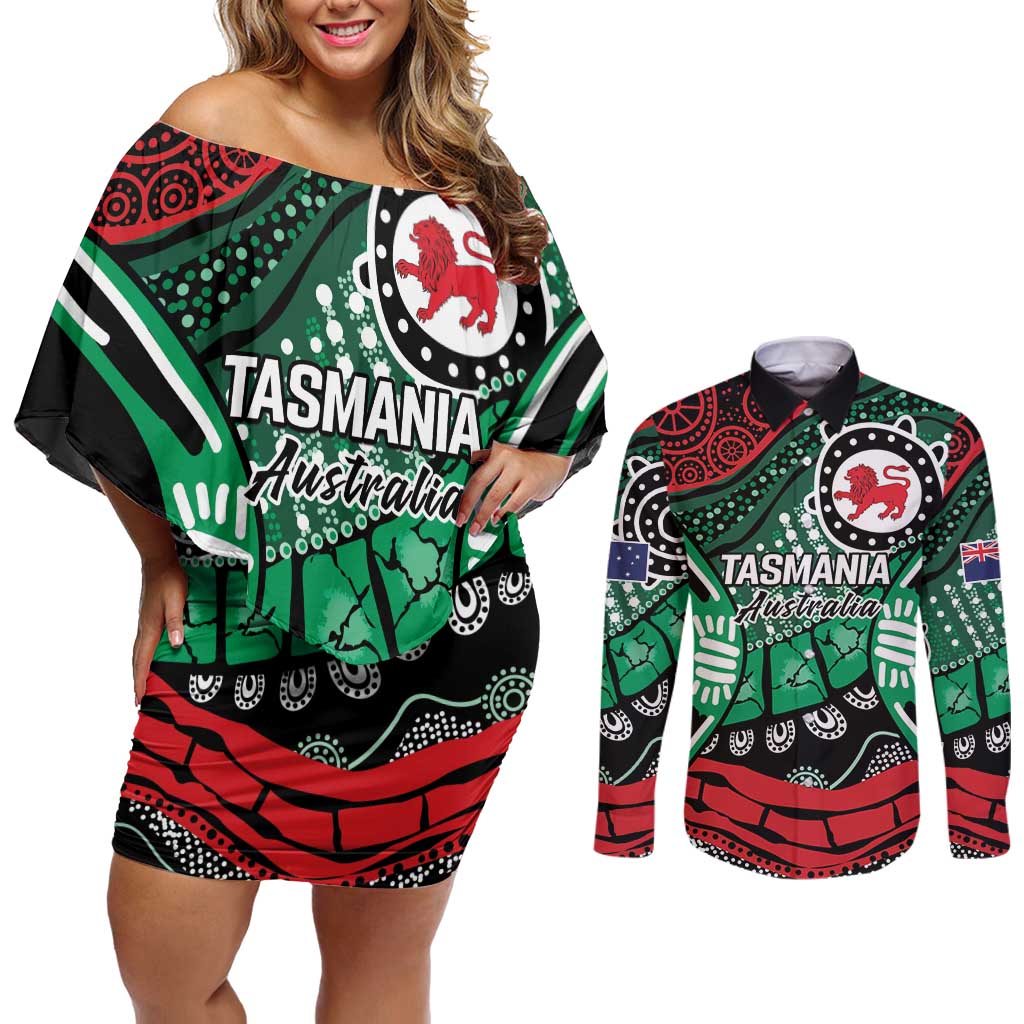 Australia Tasmania State Couples Matching Off Shoulder Short Dress and Long Sleeve Button Shirt Ubertas et Fidelitas