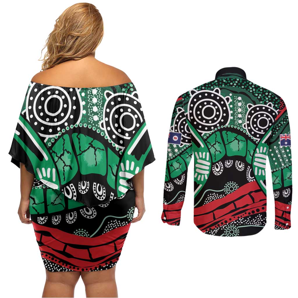 Australia Tasmania State Couples Matching Off Shoulder Short Dress and Long Sleeve Button Shirt Ubertas et Fidelitas