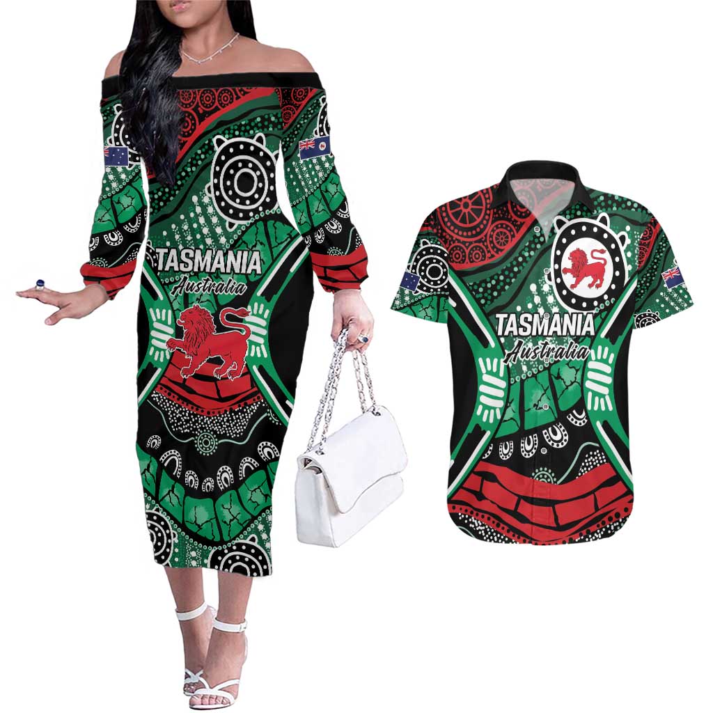 Australia Tasmania State Couples Matching Off The Shoulder Long Sleeve Dress and Hawaiian Shirt Ubertas et Fidelitas