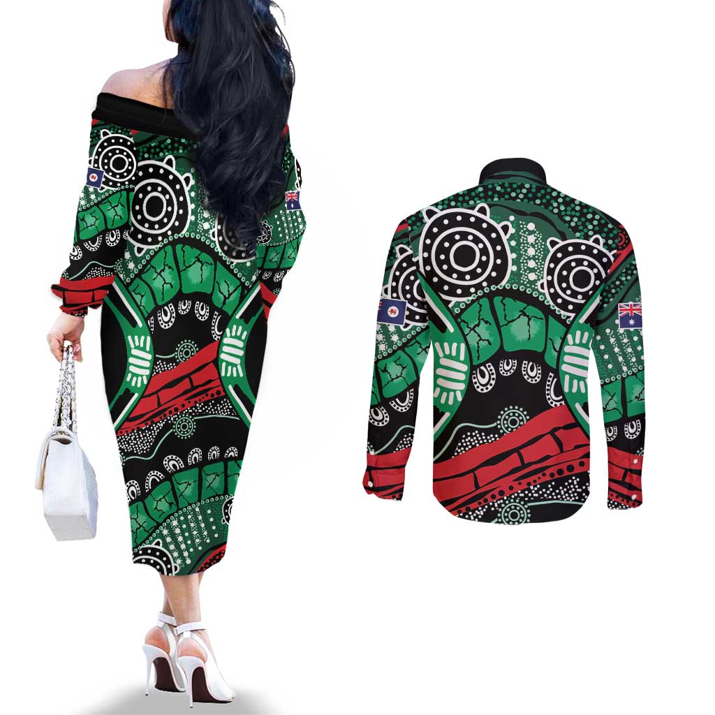 Australia Tasmania State Couples Matching Off The Shoulder Long Sleeve Dress and Long Sleeve Button Shirt Ubertas et Fidelitas