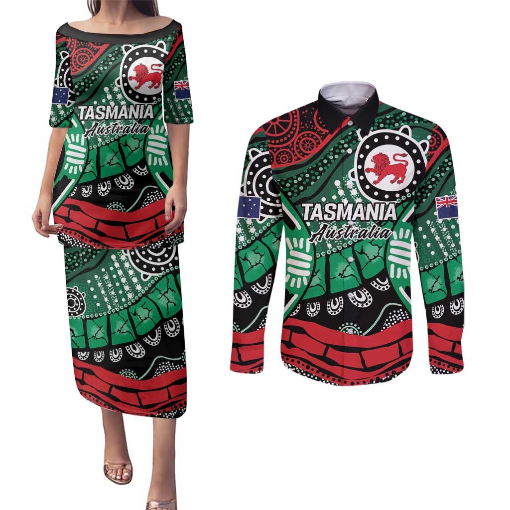 Australia Tasmania State Couples Matching Puletasi and Long Sleeve Button Shirt Ubertas et Fidelitas