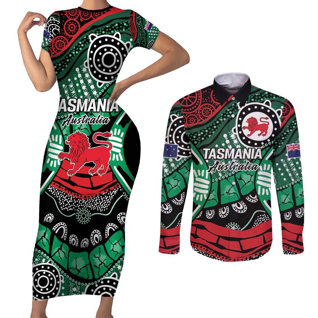 Australia Tasmania State Couples Matching Short Sleeve Bodycon Dress and Long Sleeve Button Shirt Ubertas et Fidelitas
