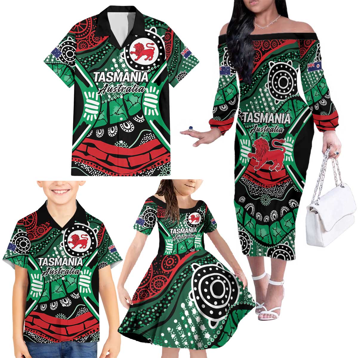 Australia Tasmania State Family Matching Off The Shoulder Long Sleeve Dress and Hawaiian Shirt Ubertas et Fidelitas