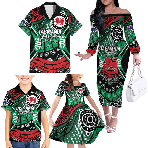 Australia Tasmania State Family Matching Off The Shoulder Long Sleeve Dress and Hawaiian Shirt Ubertas et Fidelitas