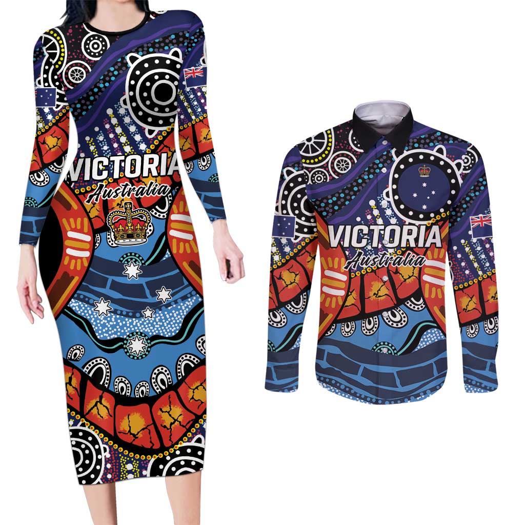 Australia Victoria State Couples Matching Long Sleeve Bodycon Dress and Long Sleeve Button Shirt Peace and Prosperity