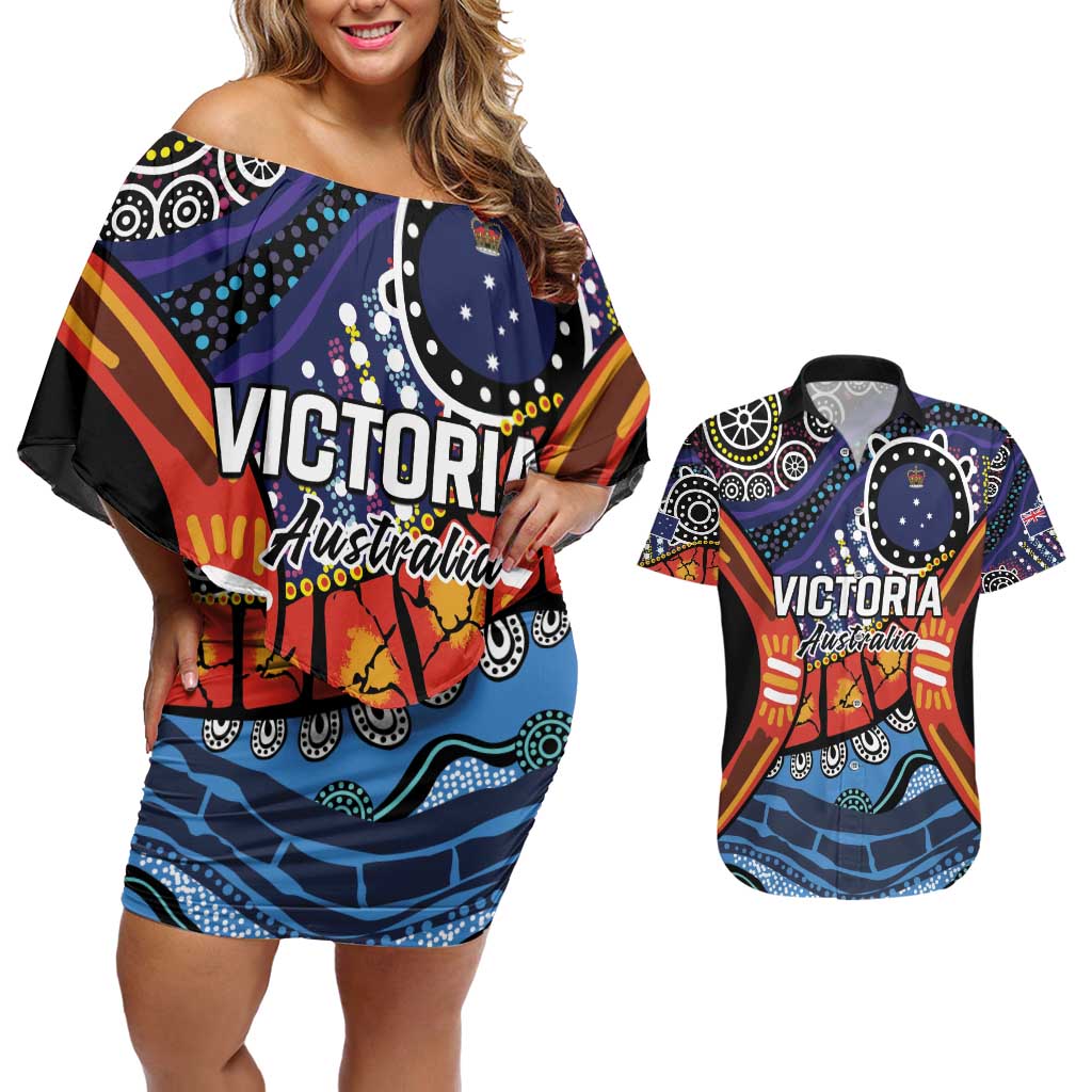 Australia Victoria State Couples Matching Off Shoulder Short Dress and Hawaiian Shirt Peace and Prosperity