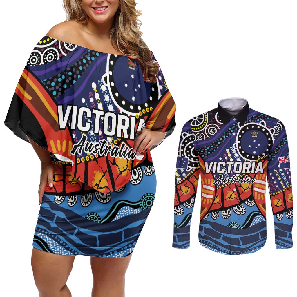 Australia Victoria State Couples Matching Off Shoulder Short Dress and Long Sleeve Button Shirt Peace and Prosperity