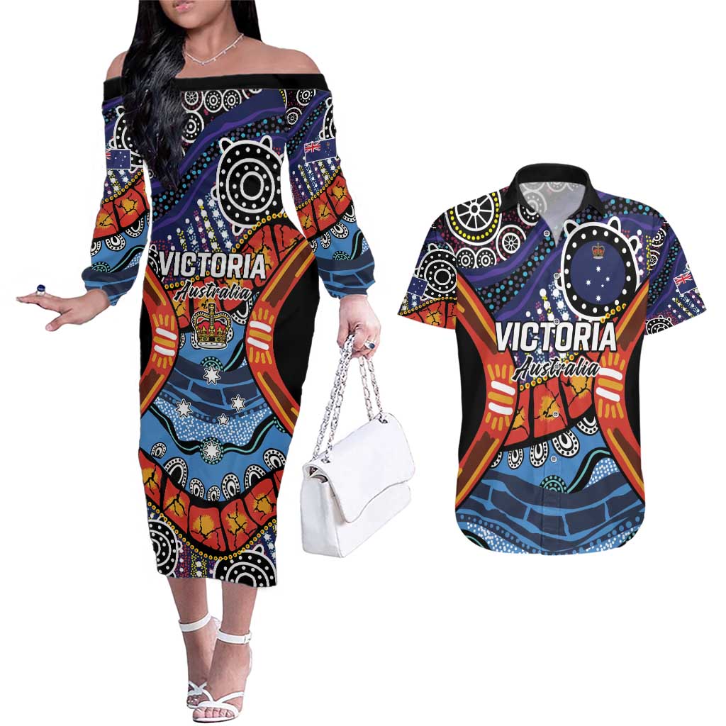 Australia Victoria State Couples Matching Off The Shoulder Long Sleeve Dress and Hawaiian Shirt Peace and Prosperity