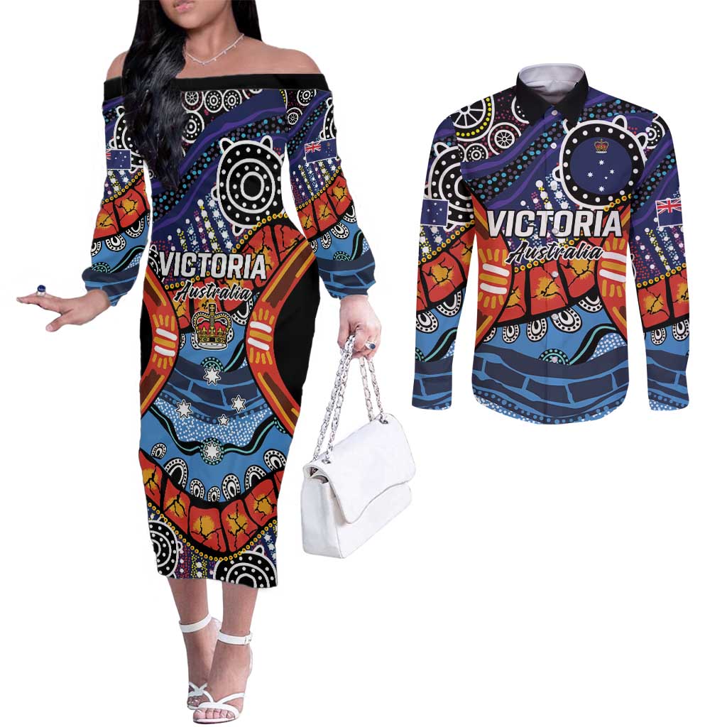 Australia Victoria State Couples Matching Off The Shoulder Long Sleeve Dress and Long Sleeve Button Shirt Peace and Prosperity