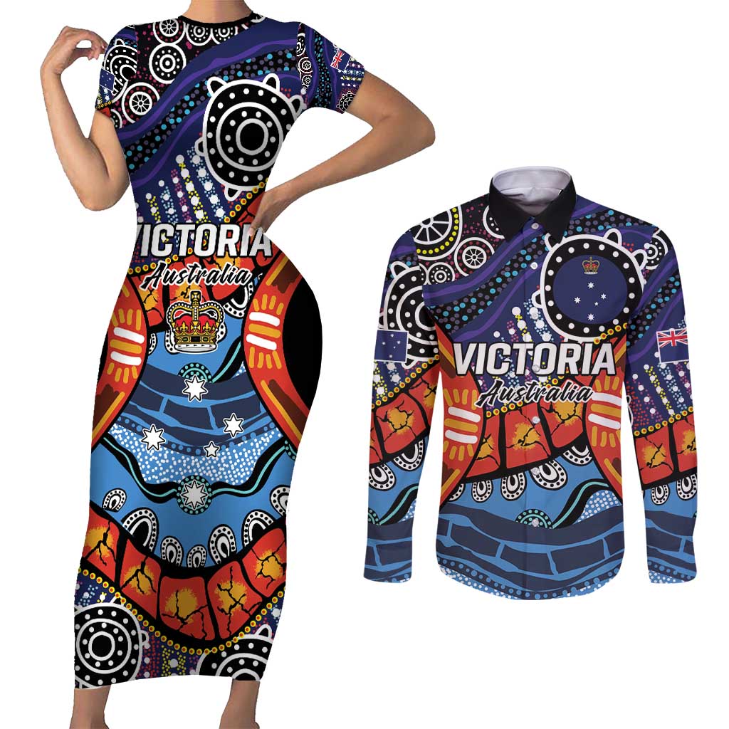 Australia Victoria State Couples Matching Short Sleeve Bodycon Dress and Long Sleeve Button Shirt Peace and Prosperity