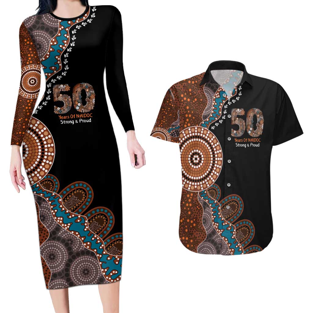 50 Years Of NAIDOC Couples Matching Long Sleeve Bodycon Dress and Hawaiian Shirt Strong and Proud Aboriginal Dot Painting No1