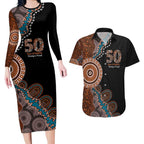 50 Years Of NAIDOC Couples Matching Long Sleeve Bodycon Dress and Hawaiian Shirt Strong and Proud Aboriginal Dot Painting No1
