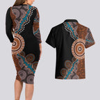50 Years Of NAIDOC Couples Matching Long Sleeve Bodycon Dress and Hawaiian Shirt Strong and Proud Aboriginal Dot Painting No1