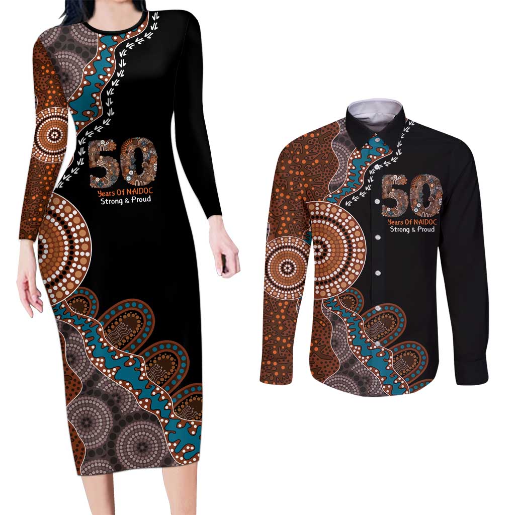 50 Years Of NAIDOC Couples Matching Long Sleeve Bodycon Dress and Long Sleeve Button Shirt Strong and Proud Aboriginal Dot Painting No1