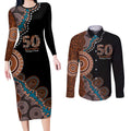 50 Years Of NAIDOC Couples Matching Long Sleeve Bodycon Dress and Long Sleeve Button Shirt Strong and Proud Aboriginal Dot Painting No1