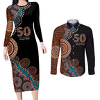 50 Years Of NAIDOC Couples Matching Long Sleeve Bodycon Dress and Long Sleeve Button Shirt Strong and Proud Aboriginal Dot Painting No1