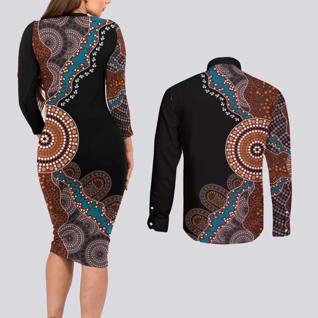 50 Years Of NAIDOC Couples Matching Long Sleeve Bodycon Dress and Long Sleeve Button Shirt Strong and Proud Aboriginal Dot Painting No1
