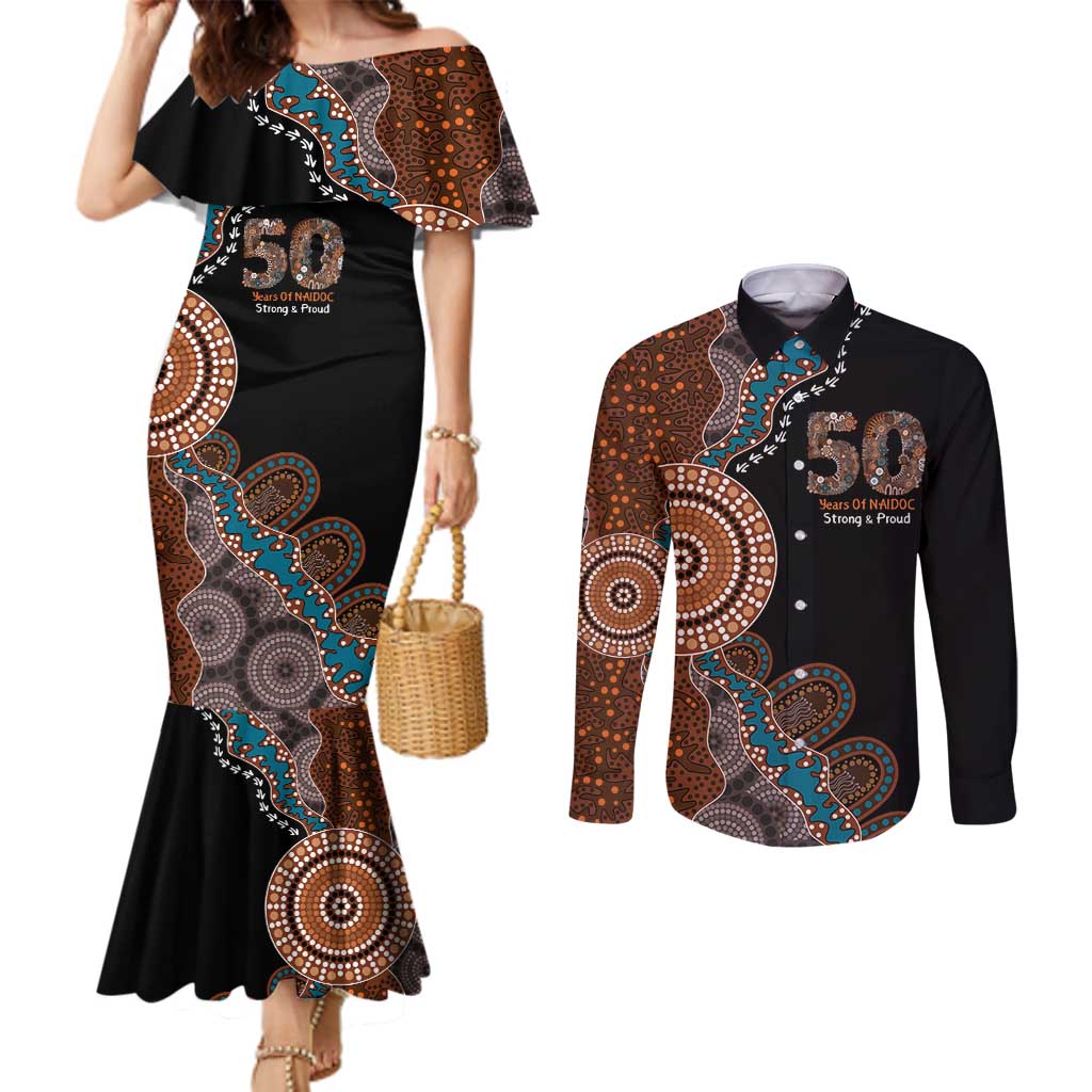 50 Years Of NAIDOC Couples Matching Mermaid Dress and Long Sleeve Button Shirt Strong and Proud Aboriginal Dot Painting No1