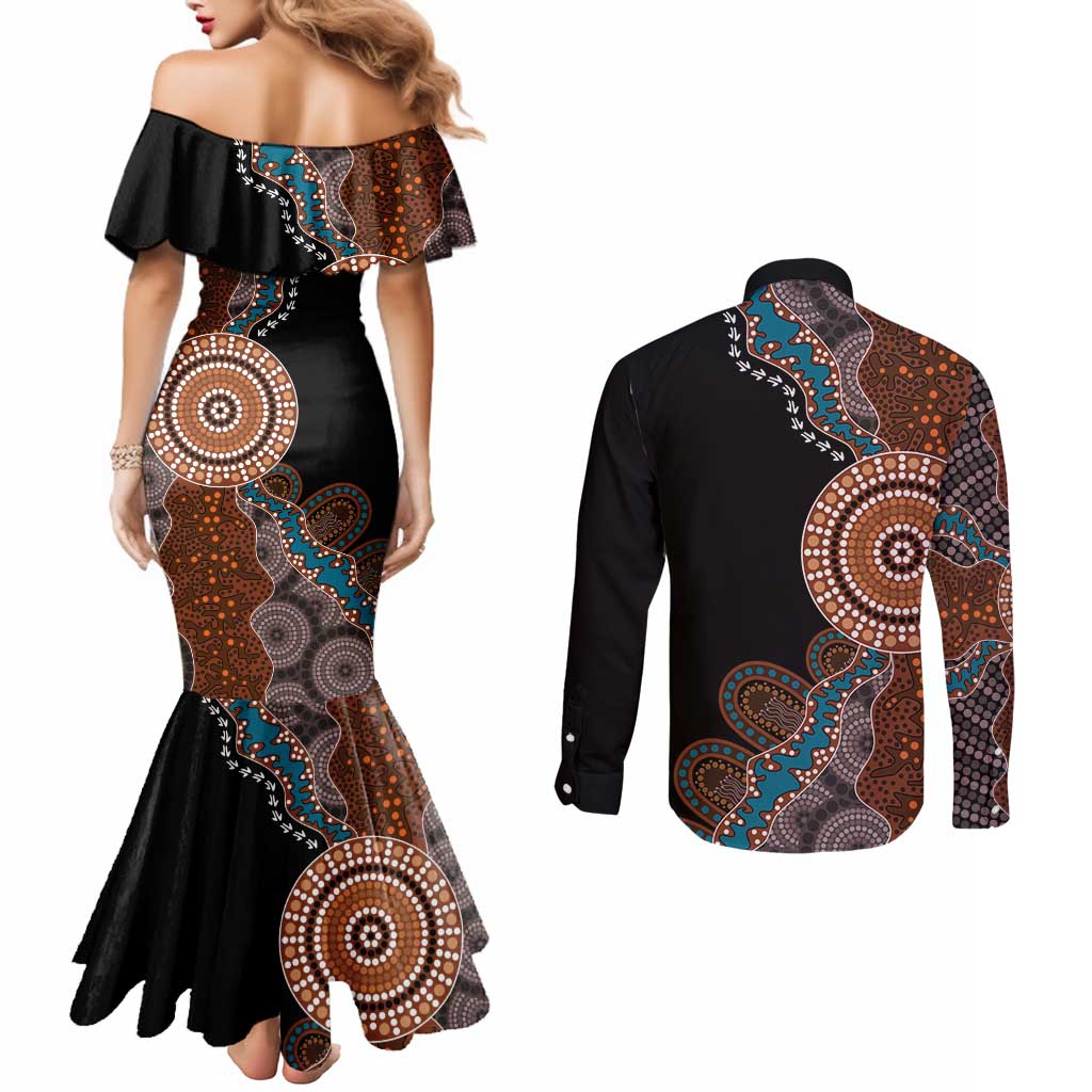 50 Years Of NAIDOC Couples Matching Mermaid Dress and Long Sleeve Button Shirt Strong and Proud Aboriginal Dot Painting No1