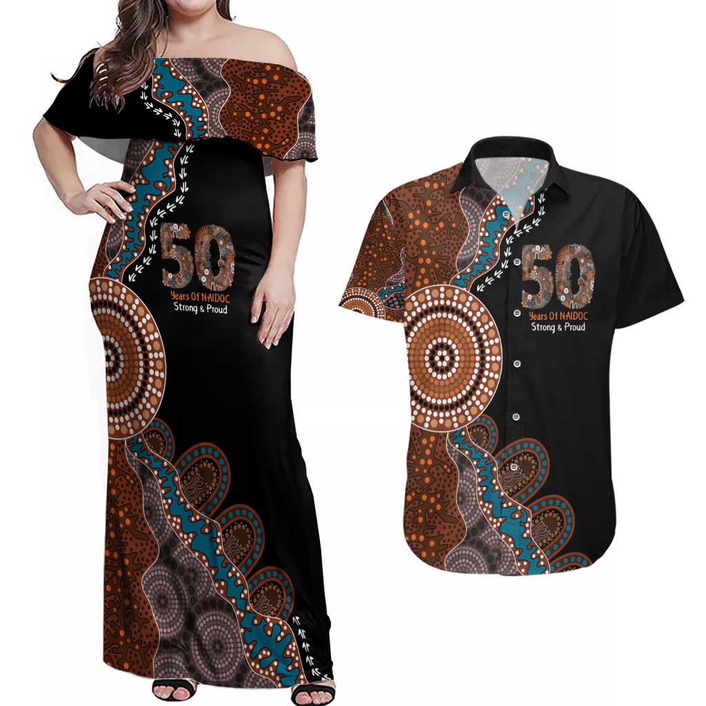 50 Years Of NAIDOC Couples Matching Off Shoulder Maxi Dress and Hawaiian Shirt Strong and Proud Aboriginal Dot Painting No1