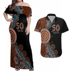 50 Years Of NAIDOC Couples Matching Off Shoulder Maxi Dress and Hawaiian Shirt Strong and Proud Aboriginal Dot Painting No1