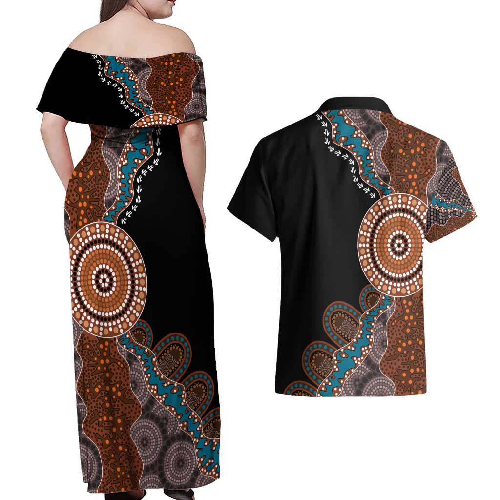 50 Years Of NAIDOC Couples Matching Off Shoulder Maxi Dress and Hawaiian Shirt Strong and Proud Aboriginal Dot Painting No1