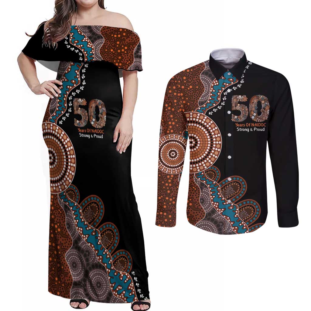 50 Years Of NAIDOC Couples Matching Off Shoulder Maxi Dress and Long Sleeve Button Shirt Strong and Proud Aboriginal Dot Painting No1