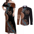 50 Years Of NAIDOC Couples Matching Off Shoulder Maxi Dress and Long Sleeve Button Shirt Strong and Proud Aboriginal Dot Painting No1