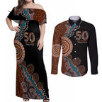 50 Years Of NAIDOC Couples Matching Off Shoulder Maxi Dress and Long Sleeve Button Shirt Strong and Proud Aboriginal Dot Painting No1