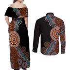 50 Years Of NAIDOC Couples Matching Off Shoulder Maxi Dress and Long Sleeve Button Shirt Strong and Proud Aboriginal Dot Painting No1