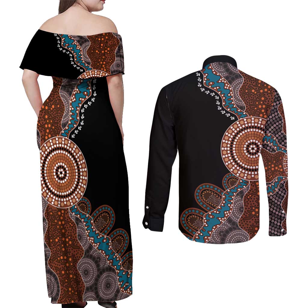 50 Years Of NAIDOC Couples Matching Off Shoulder Maxi Dress and Long Sleeve Button Shirt Strong and Proud Aboriginal Dot Painting No1