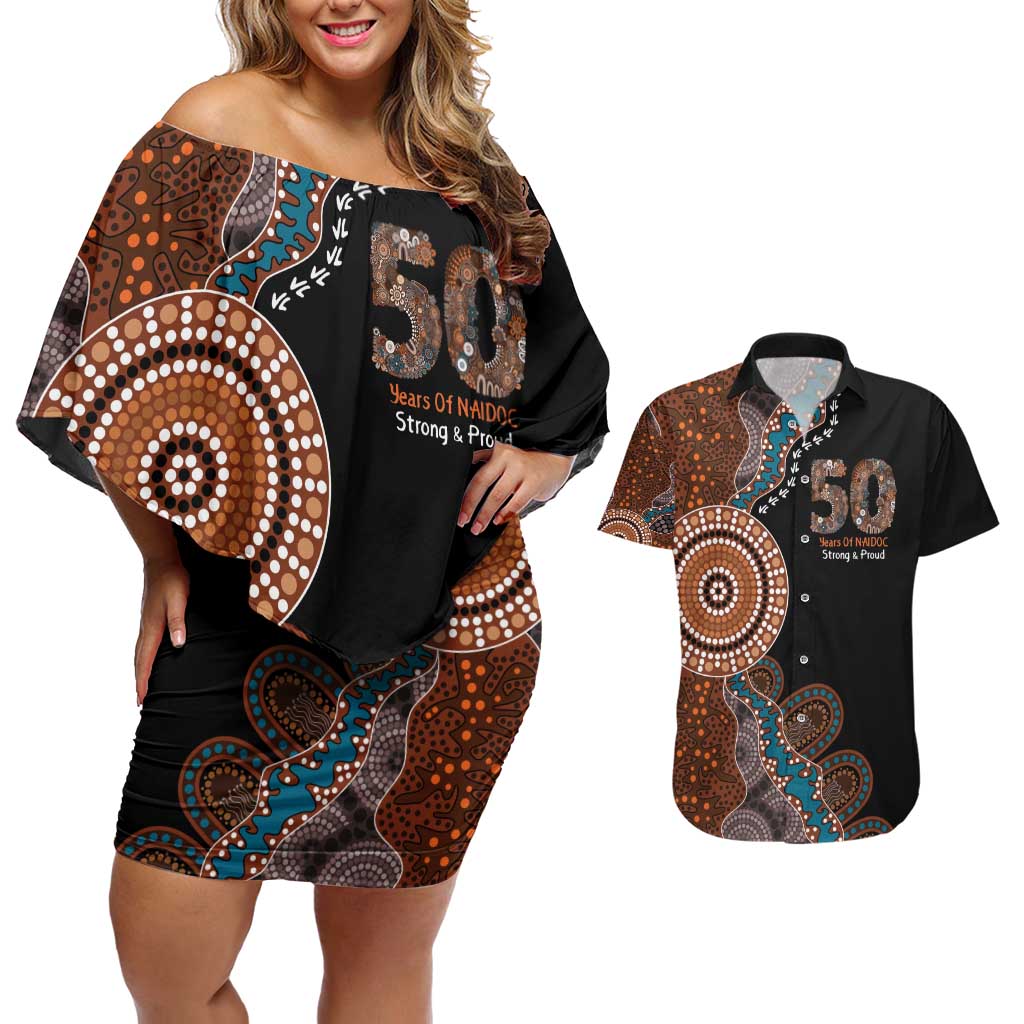 50 Years Of NAIDOC Couples Matching Off Shoulder Short Dress and Hawaiian Shirt Strong and Proud Aboriginal Dot Painting No1
