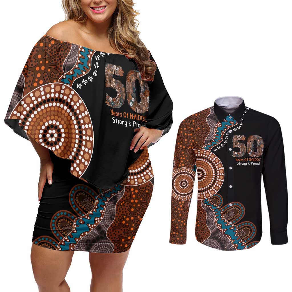 50 Years Of NAIDOC Couples Matching Off Shoulder Short Dress and Long Sleeve Button Shirt Strong and Proud Aboriginal Dot Painting No1