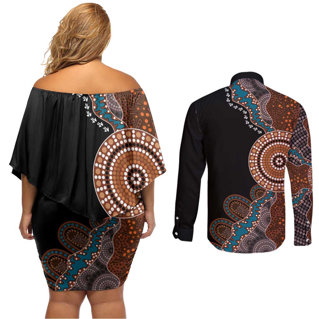50 Years Of NAIDOC Couples Matching Off Shoulder Short Dress and Long Sleeve Button Shirt Strong and Proud Aboriginal Dot Painting No1