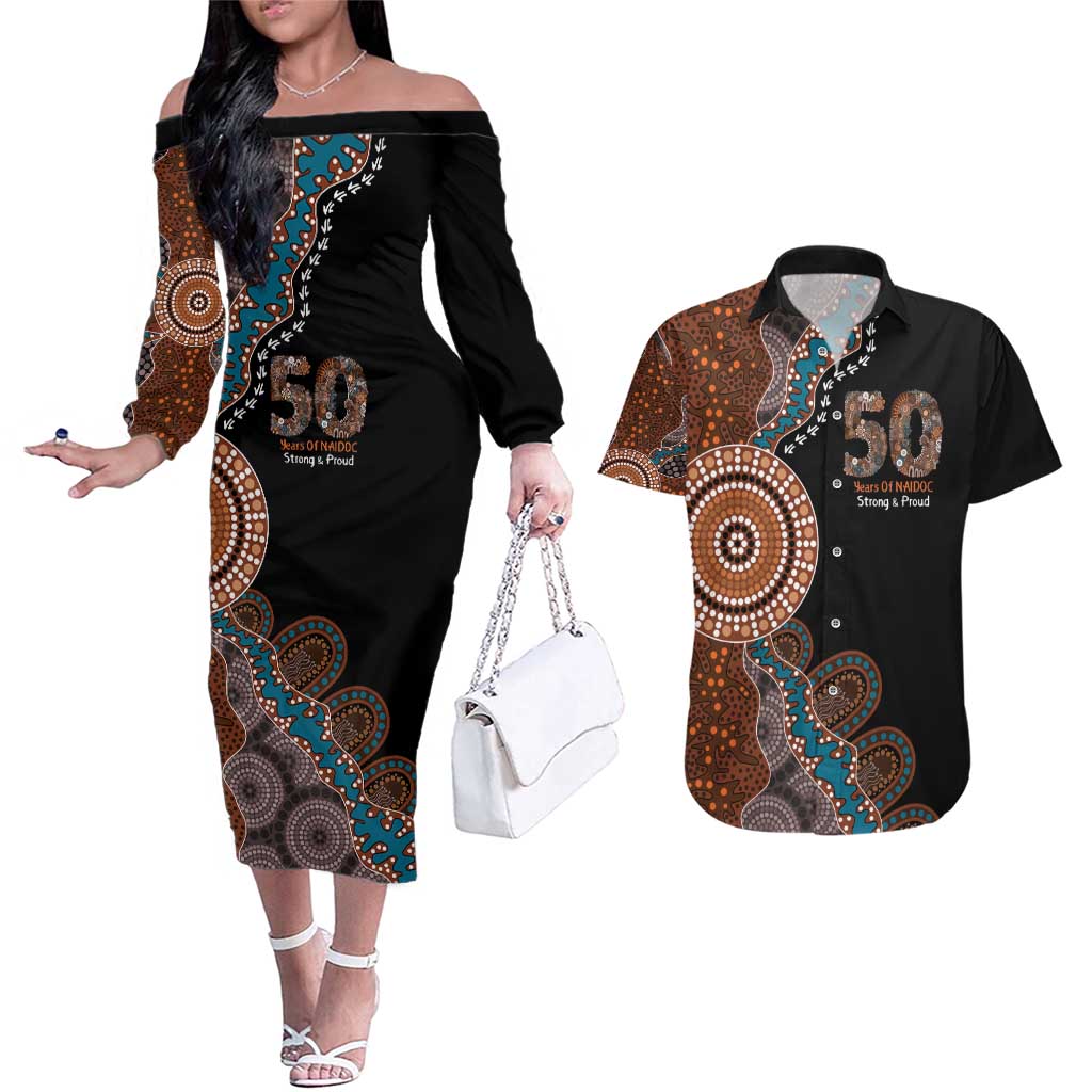 50 Years Of NAIDOC Couples Matching Off The Shoulder Long Sleeve Dress and Hawaiian Shirt Strong and Proud Aboriginal Dot Painting No1