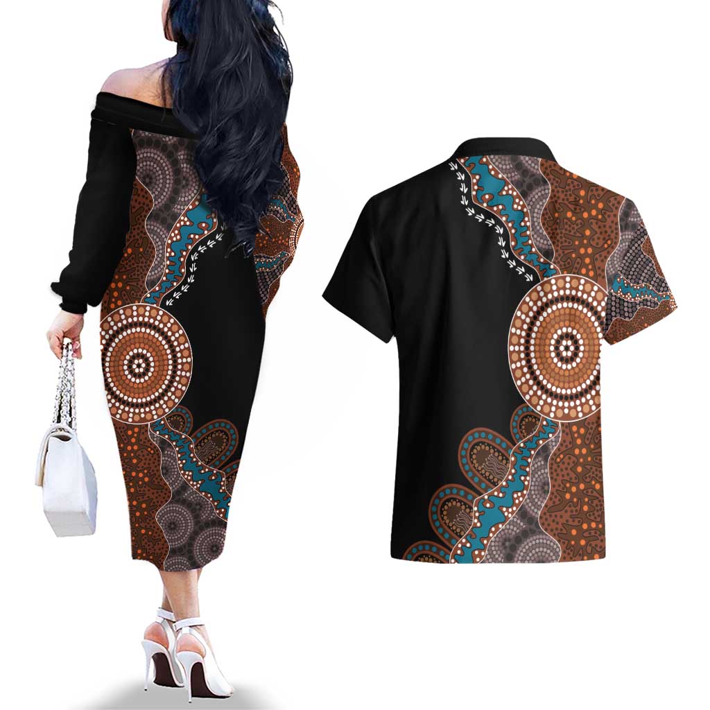 50 Years Of NAIDOC Couples Matching Off The Shoulder Long Sleeve Dress and Hawaiian Shirt Strong and Proud Aboriginal Dot Painting No1