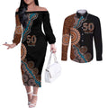 50 Years Of NAIDOC Couples Matching Off The Shoulder Long Sleeve Dress and Long Sleeve Button Shirt Strong and Proud Aboriginal Dot Painting No1